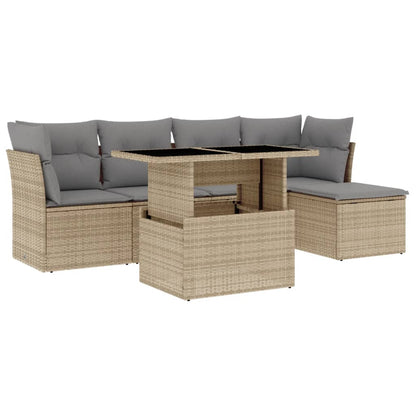 6-tlg. Garten-Sofagarnitur mit Kissen Beige Poly Rattan