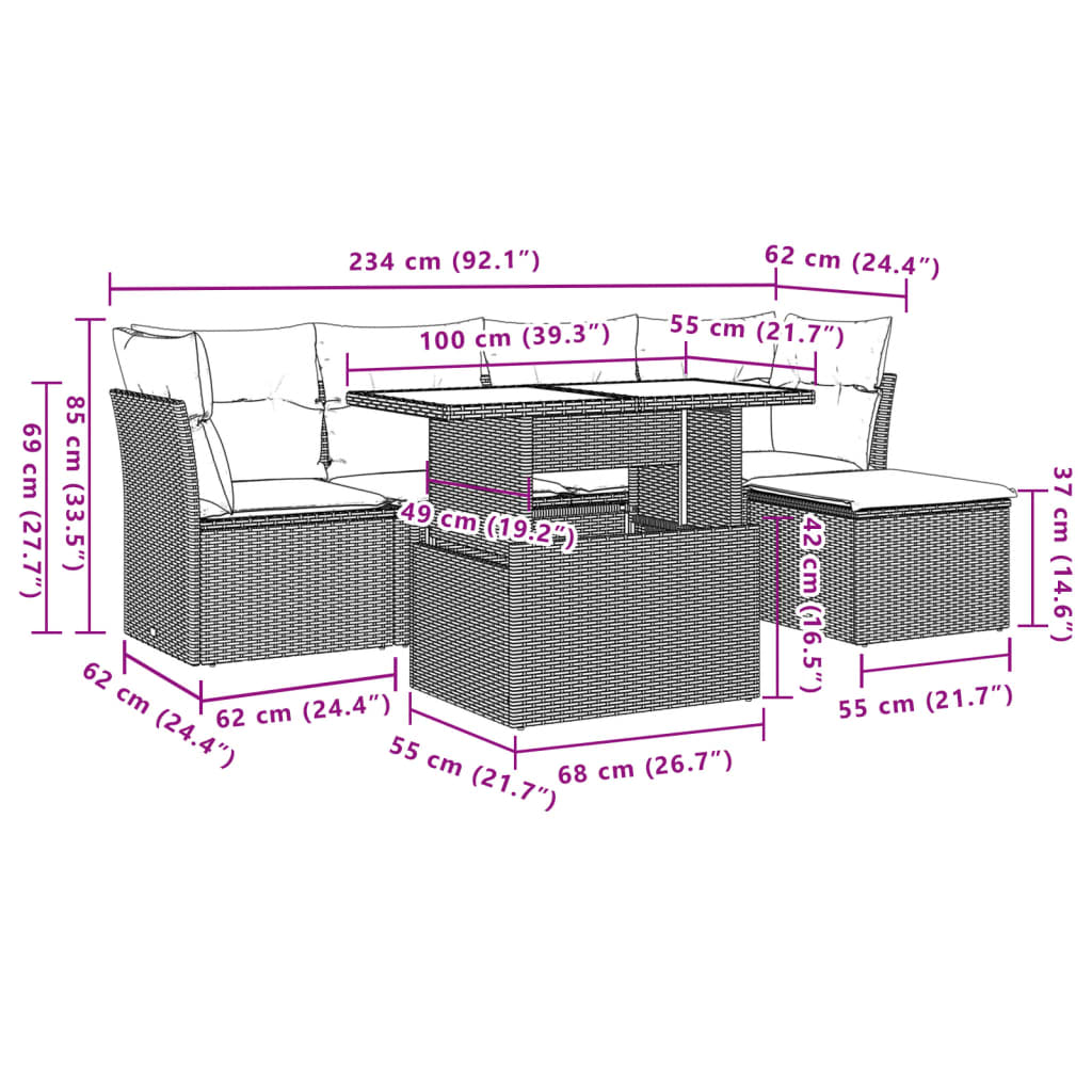 6-tlg. Garten-Sofagarnitur mit Kissen Beige Poly Rattan