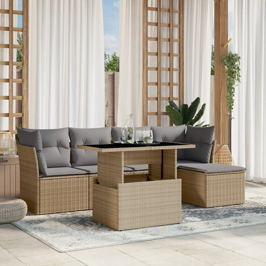 6-tlg. Garten-Sofagarnitur mit Kissen Beige Poly Rattan