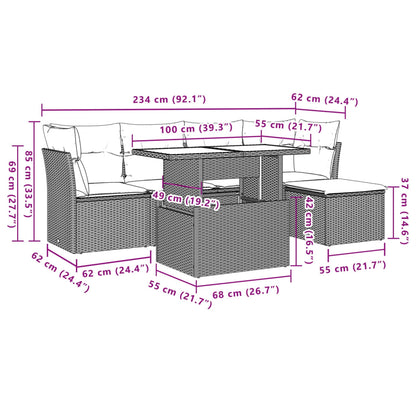 6-tlg. Garten-Sofagarnitur mit Kissen Hellgrau Poly Rattan