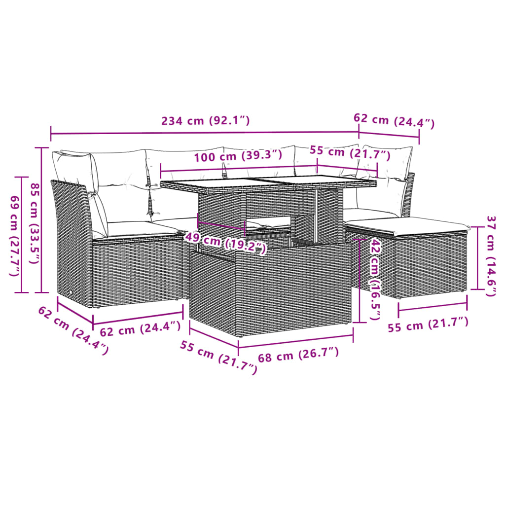 6-tlg. Garten-Sofagarnitur mit Kissen Braun Poly Rattan