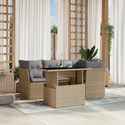 5-tlg. Garten-Sofagarnitur mit Kissen Beige Poly Rattan