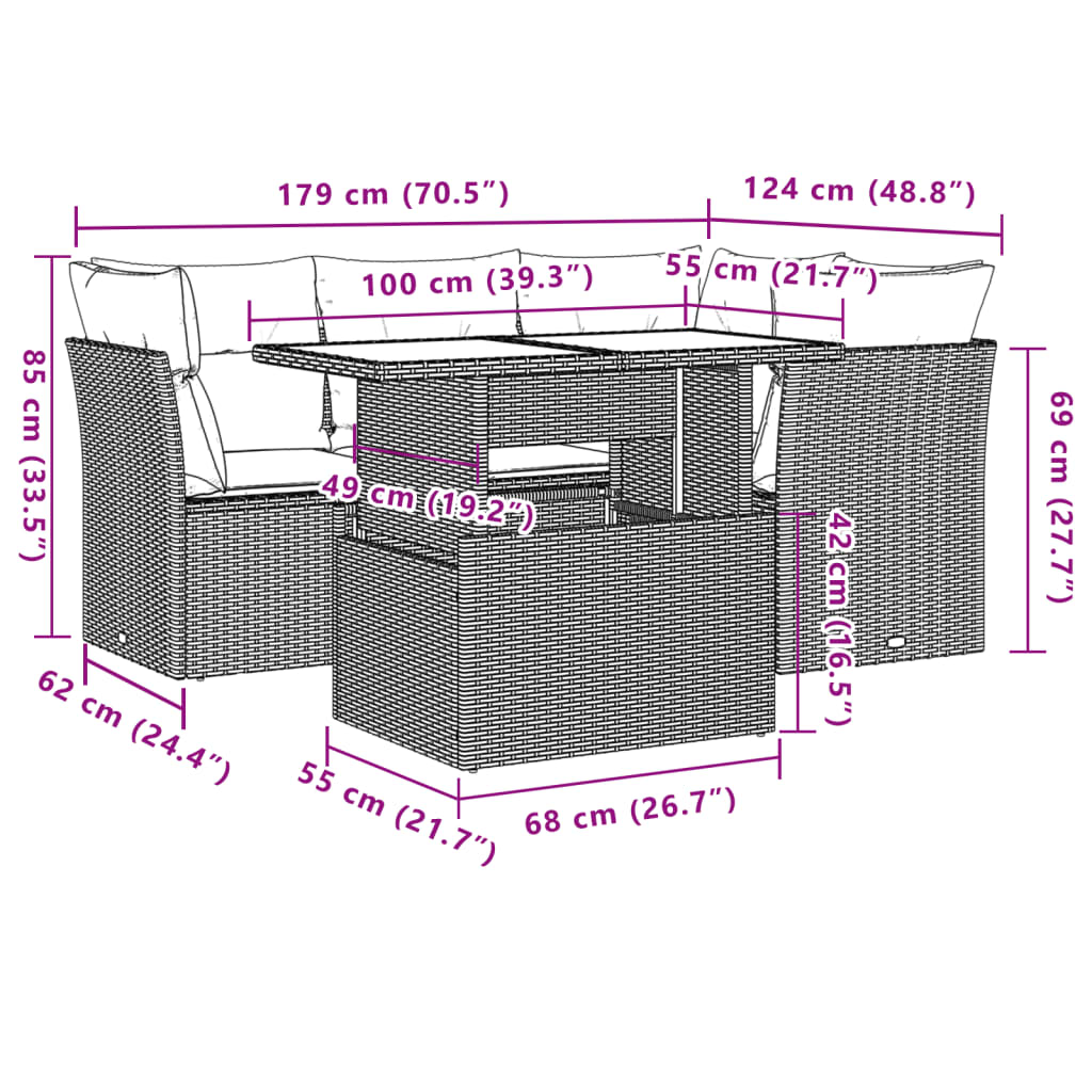 5-tlg. Garten-Sofagarnitur mit Kissen Hellgrau Poly Rattan