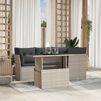 5-tlg. Garten-Sofagarnitur mit Kissen Hellgrau Poly Rattan