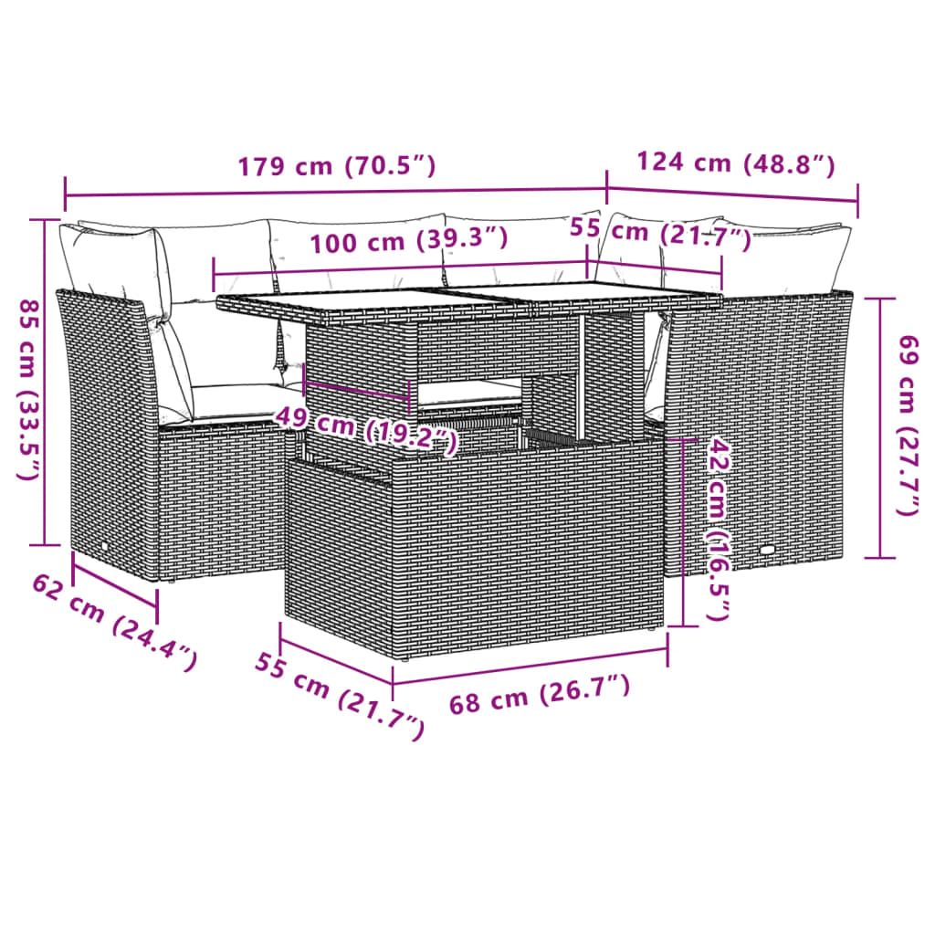 5-tlg. Garten-Sofagarnitur mit Kissen Braun Poly Rattan