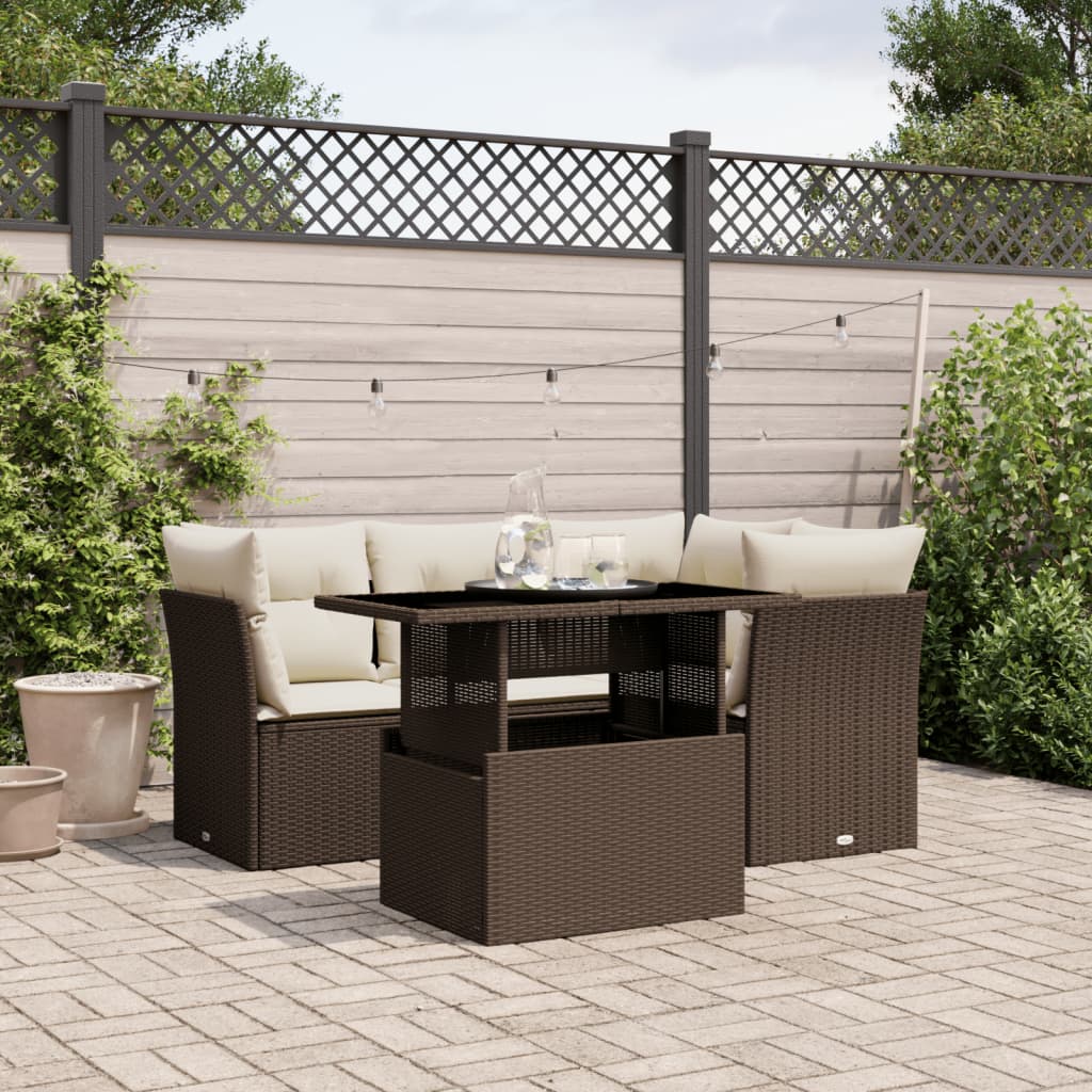 5-tlg. Garten-Sofagarnitur mit Kissen Braun Poly Rattan