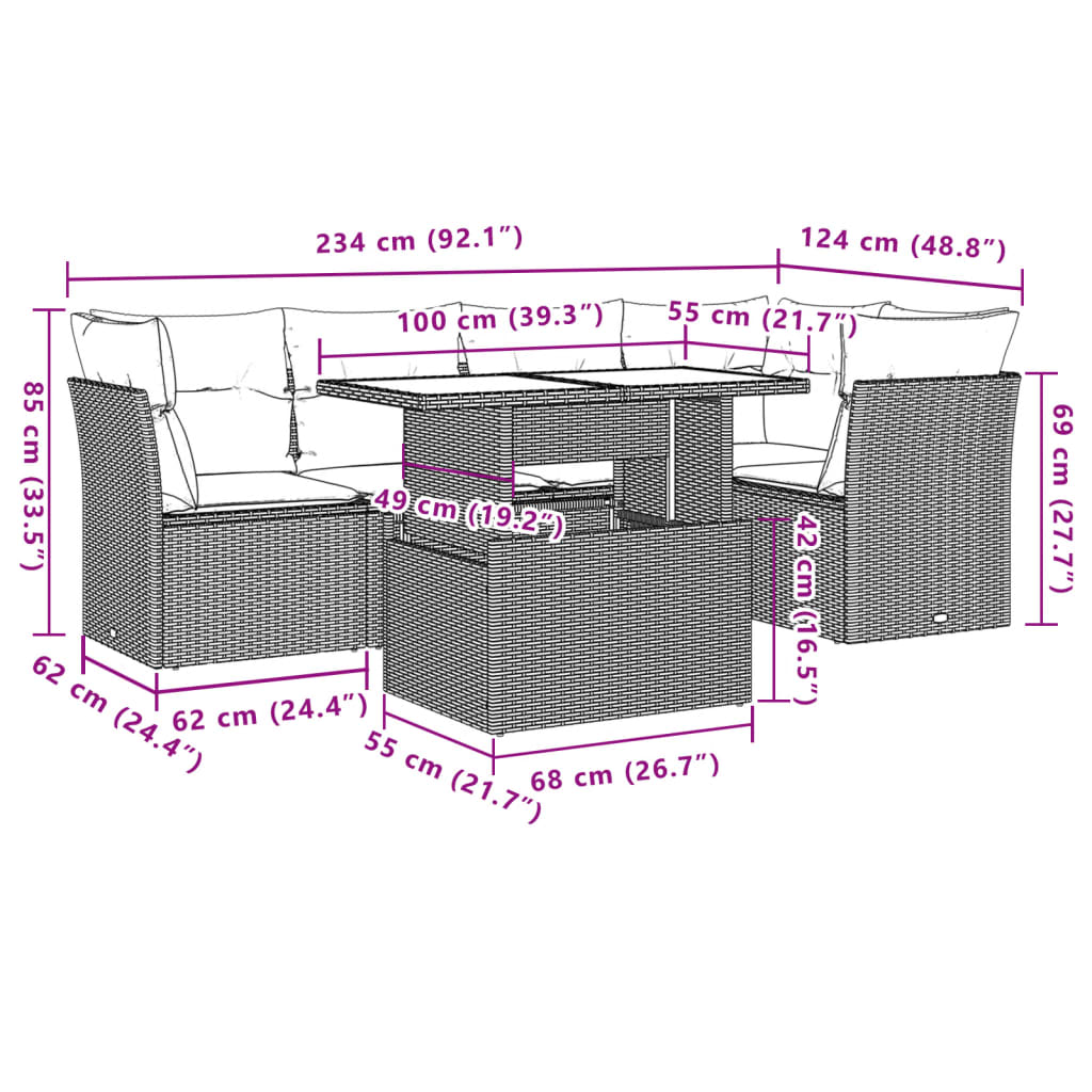 6-tlg. Garten-Sofagarnitur mit Kissen Hellgrau Poly Rattan