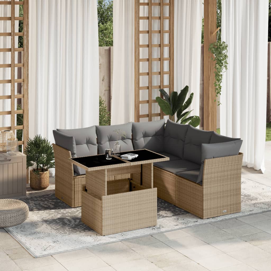 6-tlg. Garten-Sofagarnitur mit Kissen Beige Poly Rattan