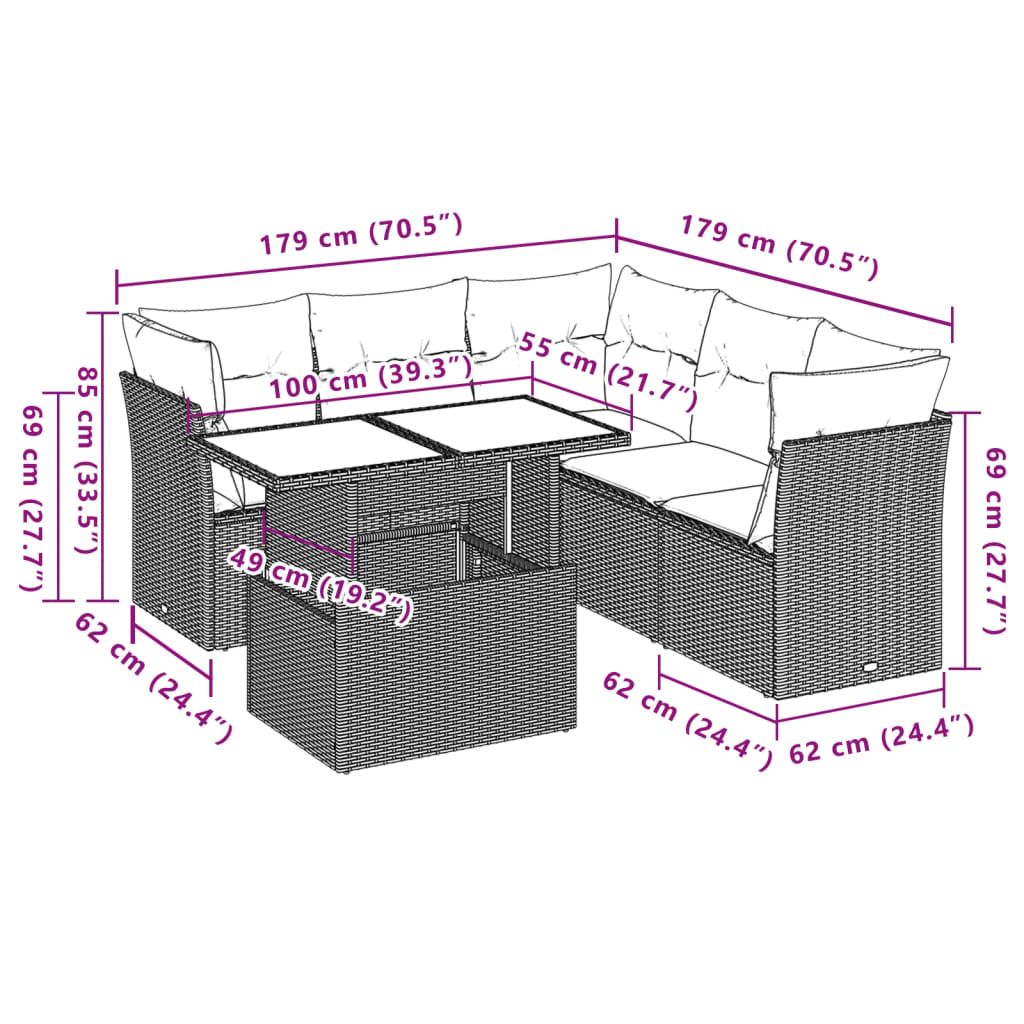 6-tlg. Garten-Sofagarnitur mit Kissen Hellgrau Poly Rattan