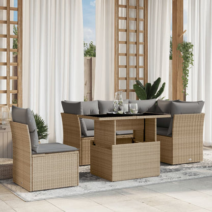 6-tlg. Garten-Sofagarnitur mit Kissen Beige Poly Rattan