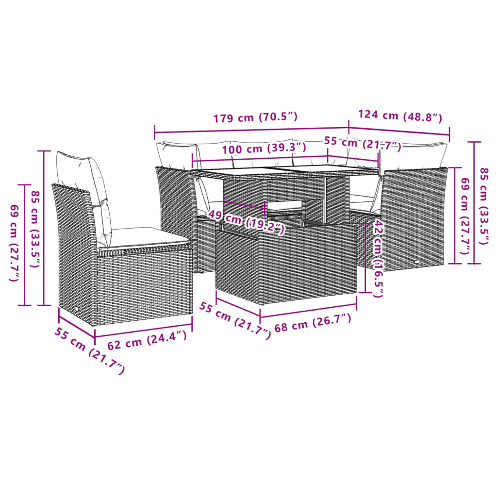 6-tlg. Garten-Sofagarnitur mit Kissen Hellgrau Poly Rattan