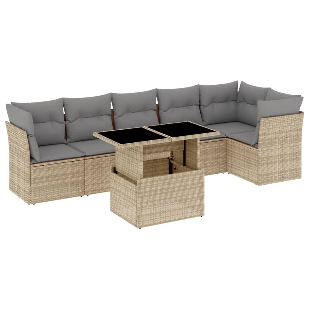 7-tlg. Garten-Sofagarnitur mit Kissen Beige Poly Rattan