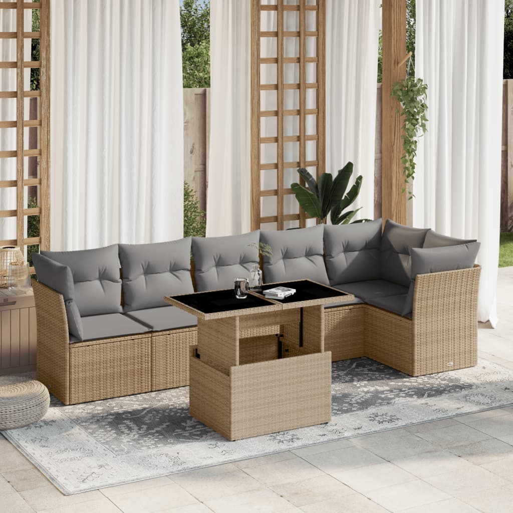 7-tlg. Garten-Sofagarnitur mit Kissen Beige Poly Rattan