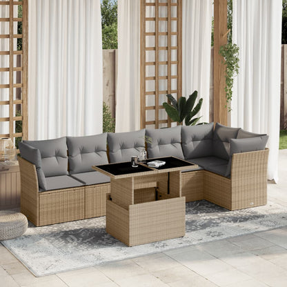 7-tlg. Garten-Sofagarnitur mit Kissen Beige Poly Rattan