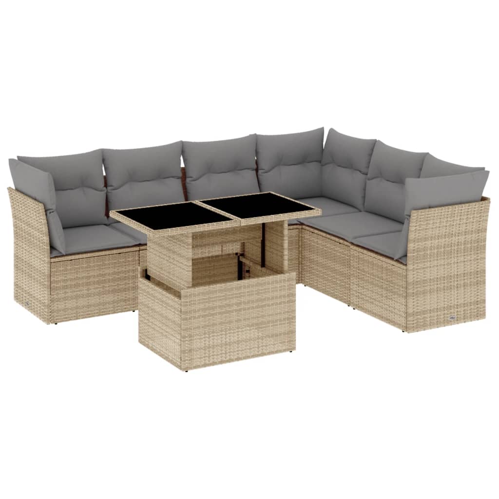 7-tlg. Garten-Sofagarnitur mit Kissen Beige Poly Rattan