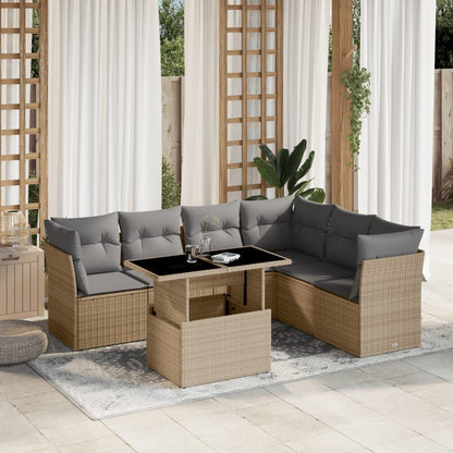 7-tlg. Garten-Sofagarnitur mit Kissen Beige Poly Rattan