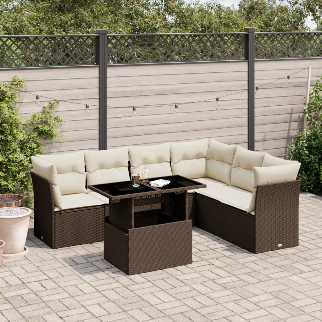 7-tlg. Garten-Sofagarnitur mit Kissen Braun Poly Rattan