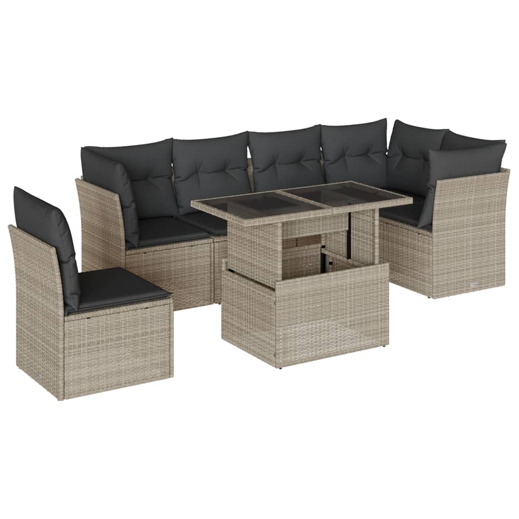 7-tlg. Garten-Sofagarnitur mit Kissen Hellgrau Poly Rattan