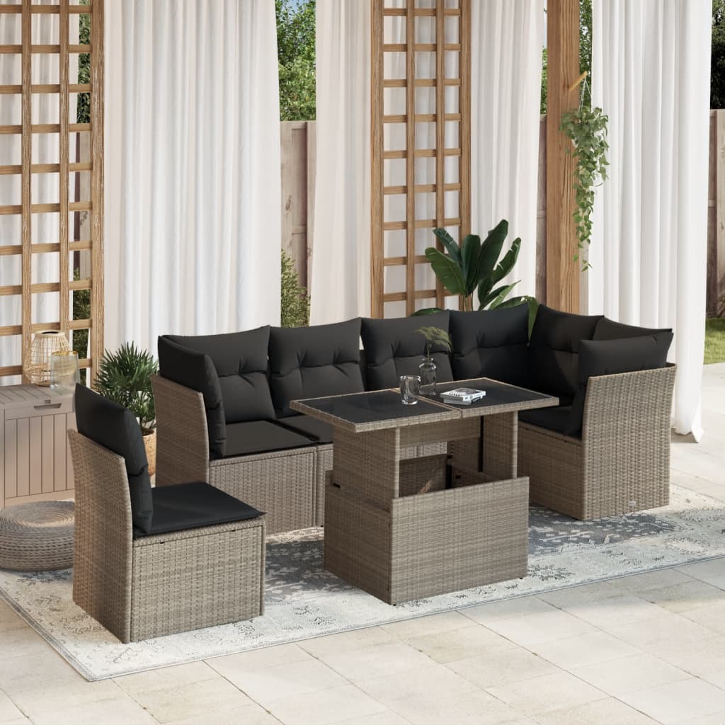 7-tlg. Garten-Sofagarnitur mit Kissen Hellgrau Poly Rattan