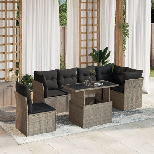 7-tlg. Garten-Sofagarnitur mit Kissen Hellgrau Poly Rattan