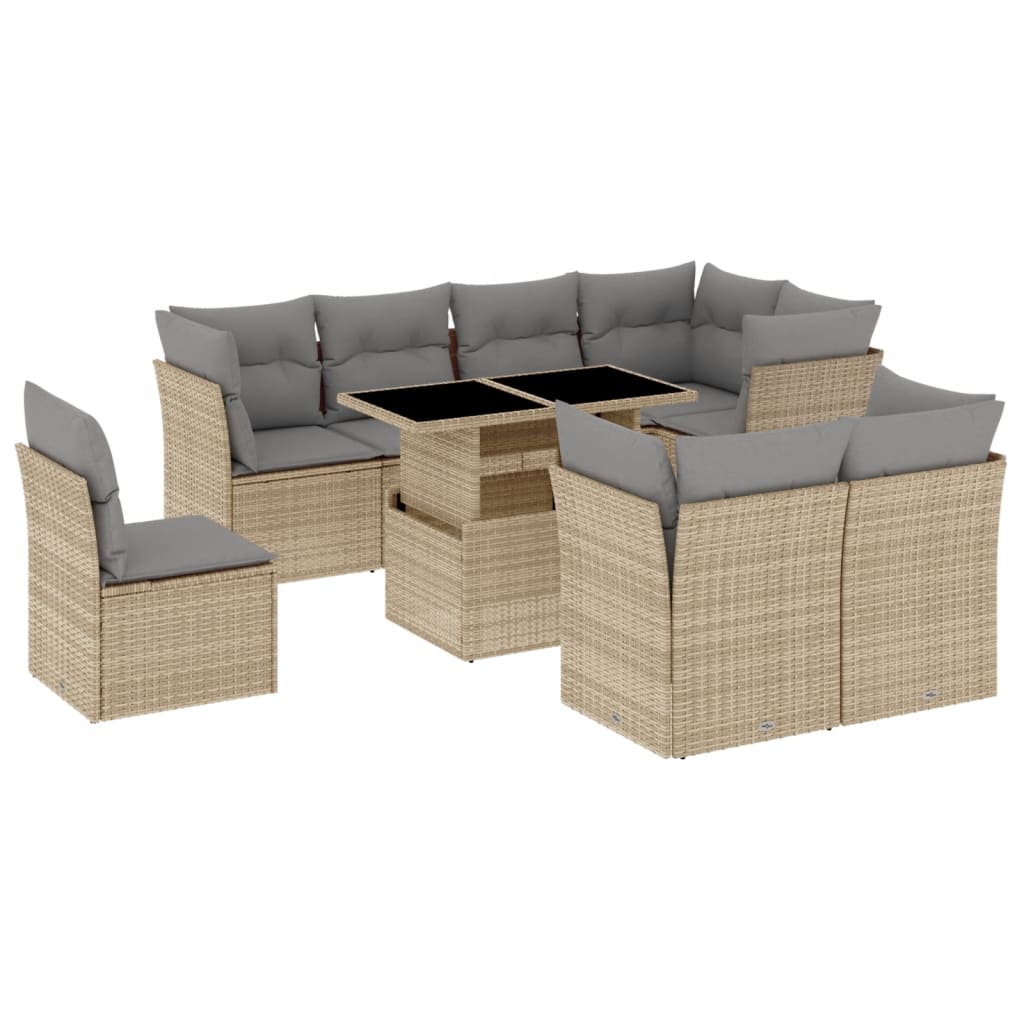 9-tlg. Garten-Sofagarnitur mit Kissen Beige Poly Rattan