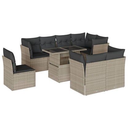 9-tlg. Garten-Sofagarnitur mit Kissen Hellgrau Poly Rattan