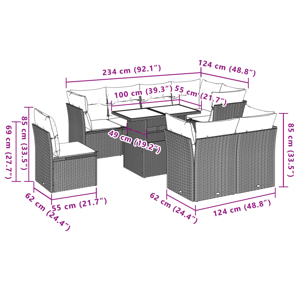 9-tlg. Garten-Sofagarnitur mit Kissen Hellgrau Poly Rattan