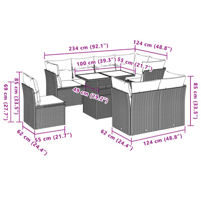 9-tlg. Garten-Sofagarnitur mit Kissen Hellgrau Poly Rattan