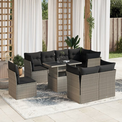 9-tlg. Garten-Sofagarnitur mit Kissen Hellgrau Poly Rattan