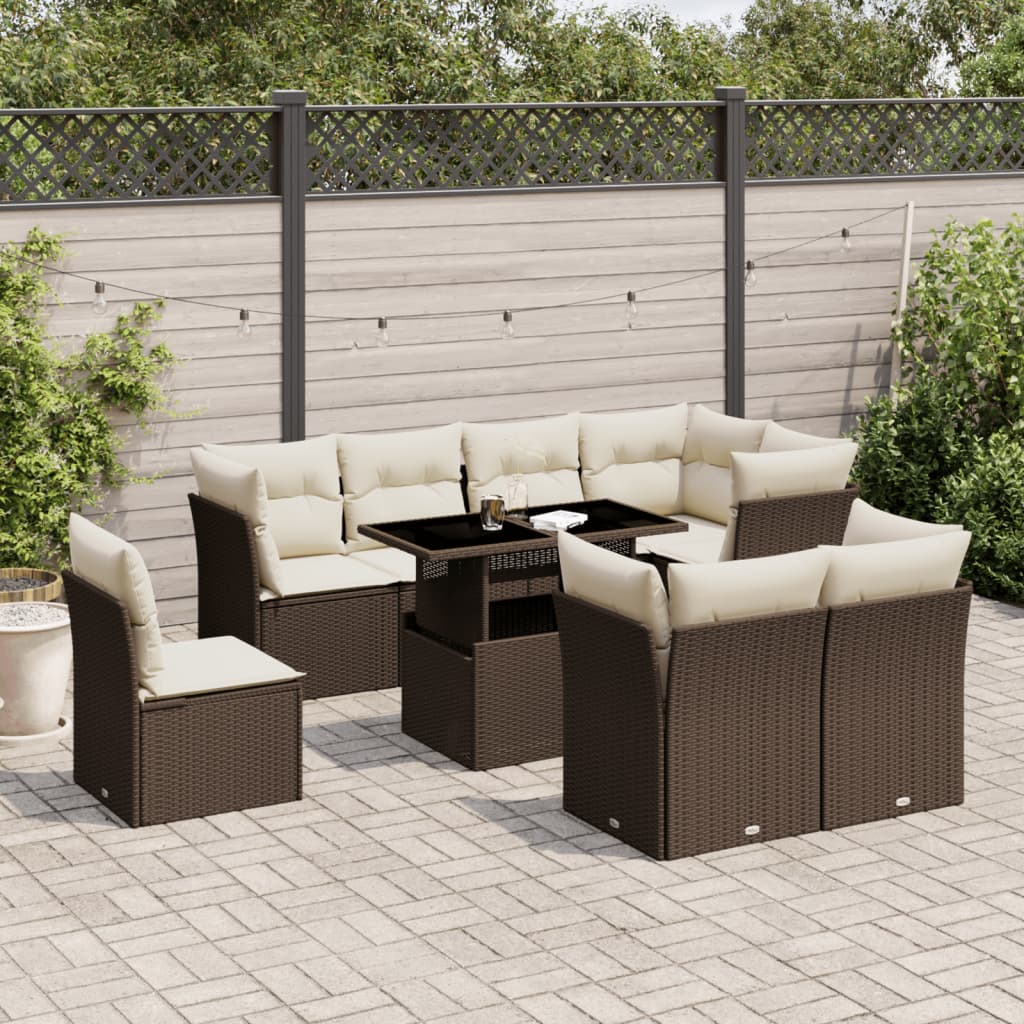 9-tlg. Garten-Sofagarnitur mit Kissen Braun Poly Rattan