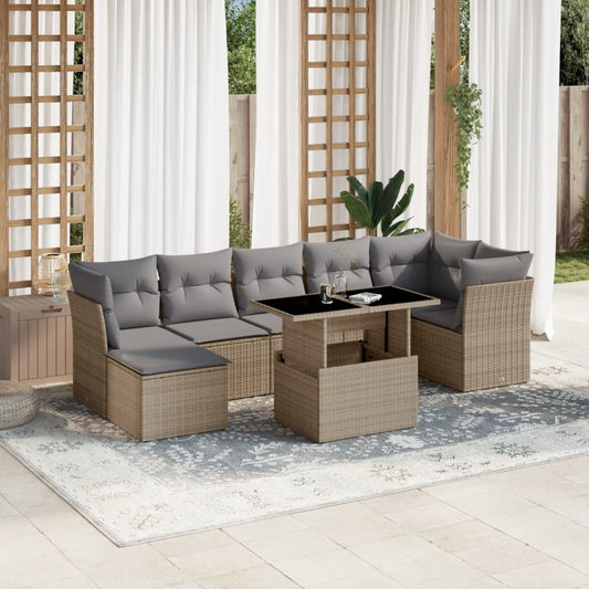 8-tlg. Garten-Sofagarnitur mit Kissen Beige Poly Rattan