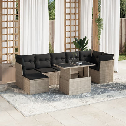 8-tlg. Garten-Sofagarnitur mit Kissen Hellgrau Poly Rattan