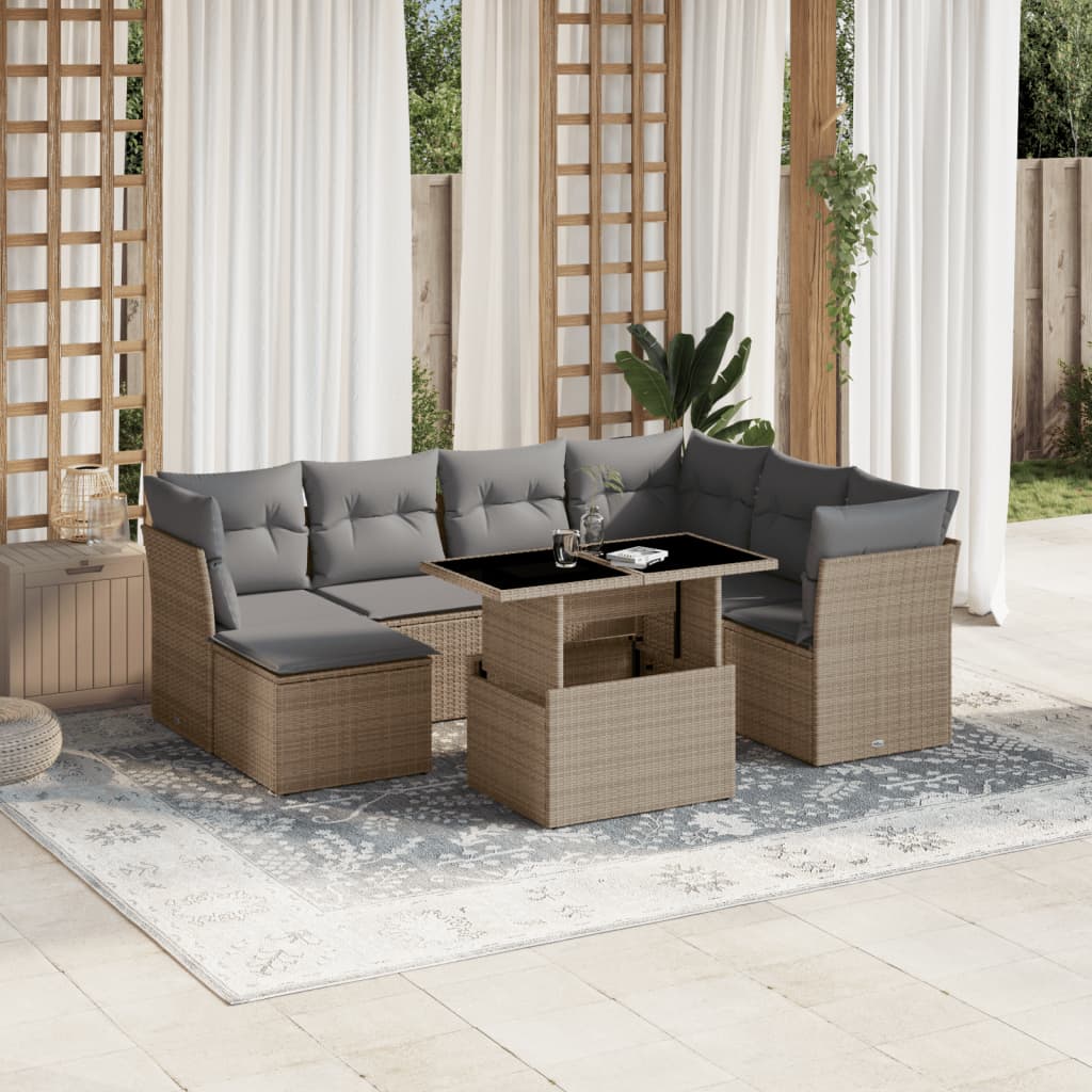 8-tlg. Garten-Sofagarnitur mit Kissen Beige Poly Rattan