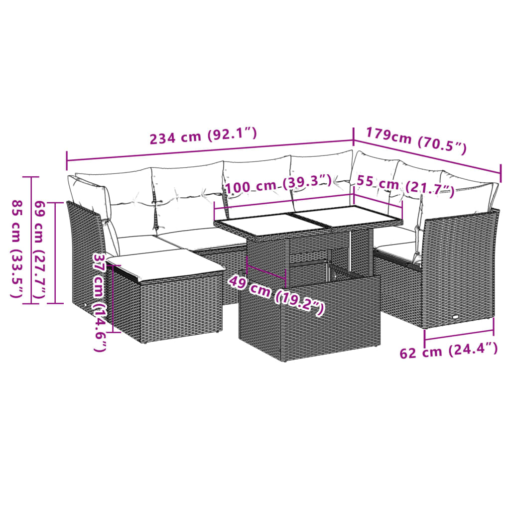 8-tlg. Garten-Sofagarnitur mit Kissen Hellgrau Poly Rattan