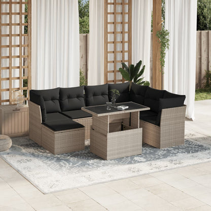 8-tlg. Garten-Sofagarnitur mit Kissen Hellgrau Poly Rattan