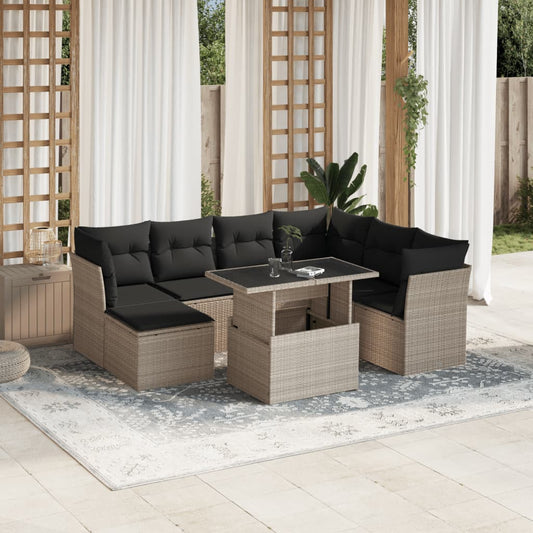 8-tlg. Garten-Sofagarnitur mit Kissen Hellgrau Poly Rattan