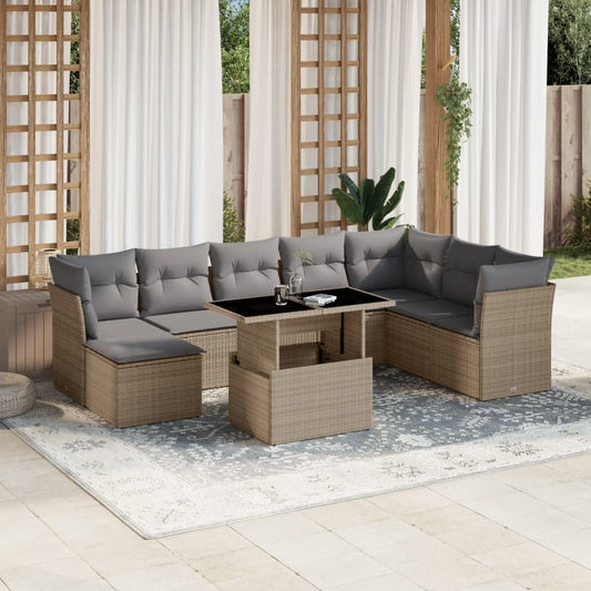 9-tlg. Garten-Sofagarnitur mit Kissen Beige Poly Rattan