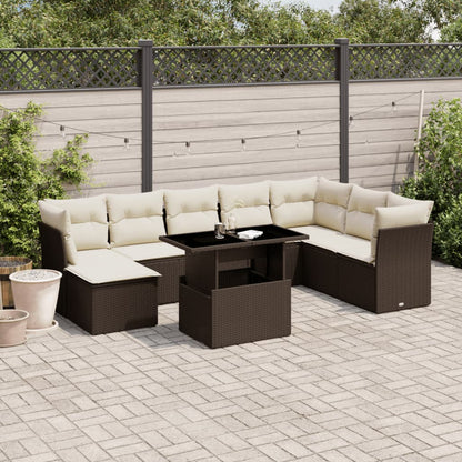 9-tlg. Garten-Sofagarnitur mit Kissen Braun Poly Rattan