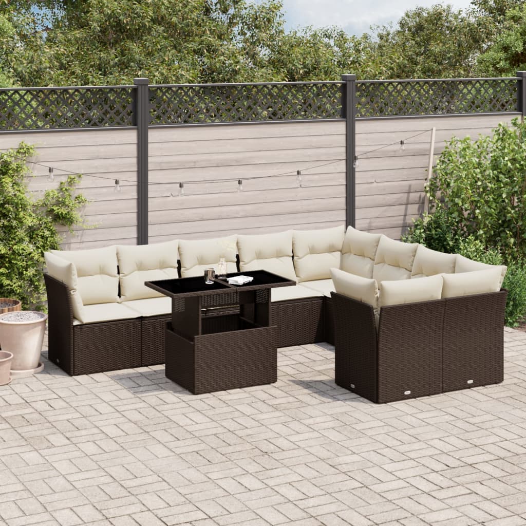 10-tlg. Garten-Sofagarnitur mit Kissen Braun Poly Rattan