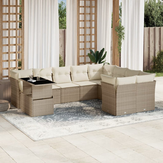 10-tlg. Garten-Sofagarnitur mit Kissen Beige Poly Rattan