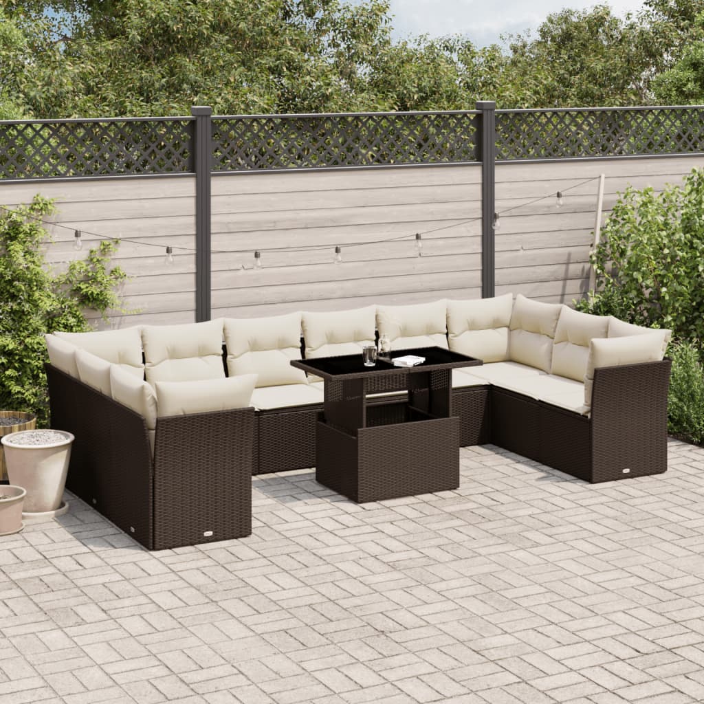 11-tlg. Garten-Sofagarnitur mit Kissen Braun Poly Rattan