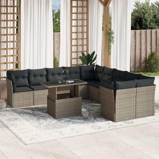 11-tlg. Garten-Sofagarnitur mit Kissen Hellgrau Poly Rattan