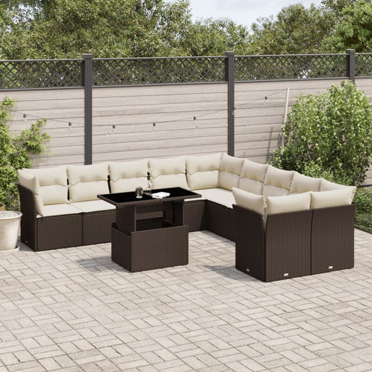 11-tlg. Garten-Sofagarnitur mit Kissen Braun Poly Rattan