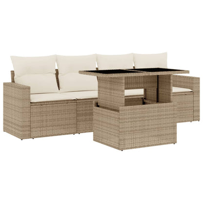 5-tlg. Garten-Sofagarnitur mit Kissen Beige Poly Rattan