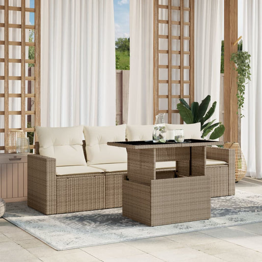 5-tlg. Garten-Sofagarnitur mit Kissen Beige Poly Rattan