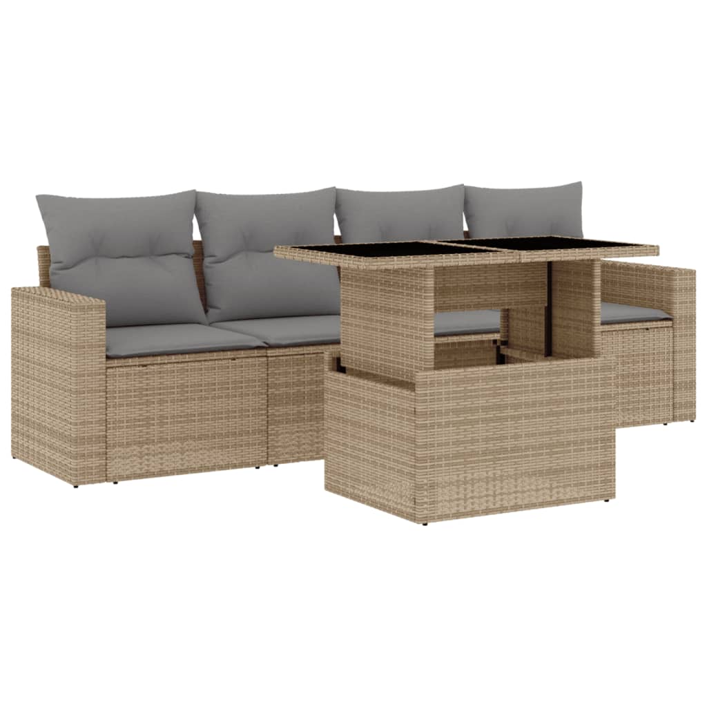 5-tlg. Garten-Sofagarnitur mit Kissen Beige Poly Rattan