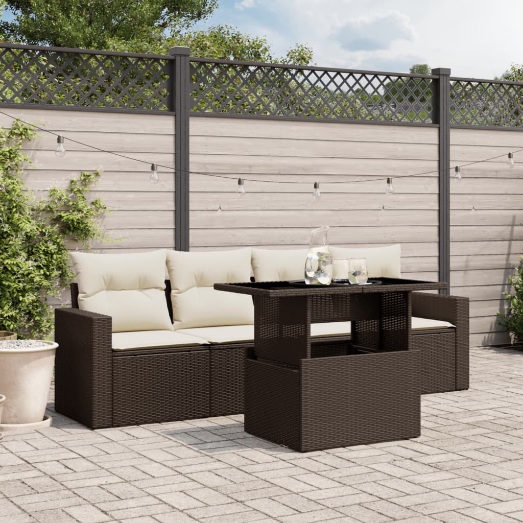 5-tlg. Garten-Sofagarnitur mit Kissen Braun Poly Rattan