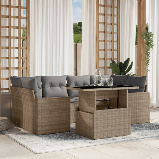 7-tlg. Garten-Sofagarnitur mit Kissen Beige Poly Rattan