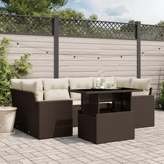 7-tlg. Garten-Sofagarnitur mit Kissen Braun Poly Rattan