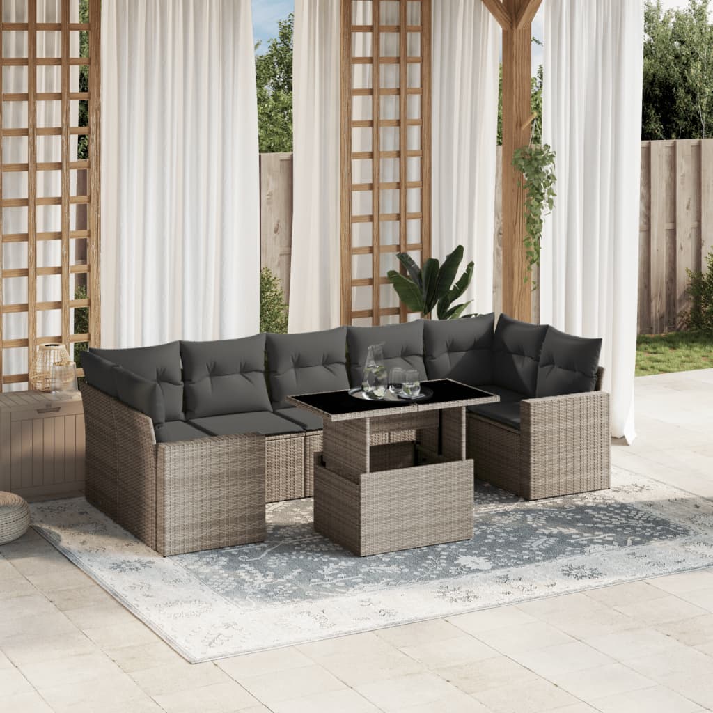 8-tlg. Garten-Sofagarnitur mit Kissen Hellgrau Poly Rattan